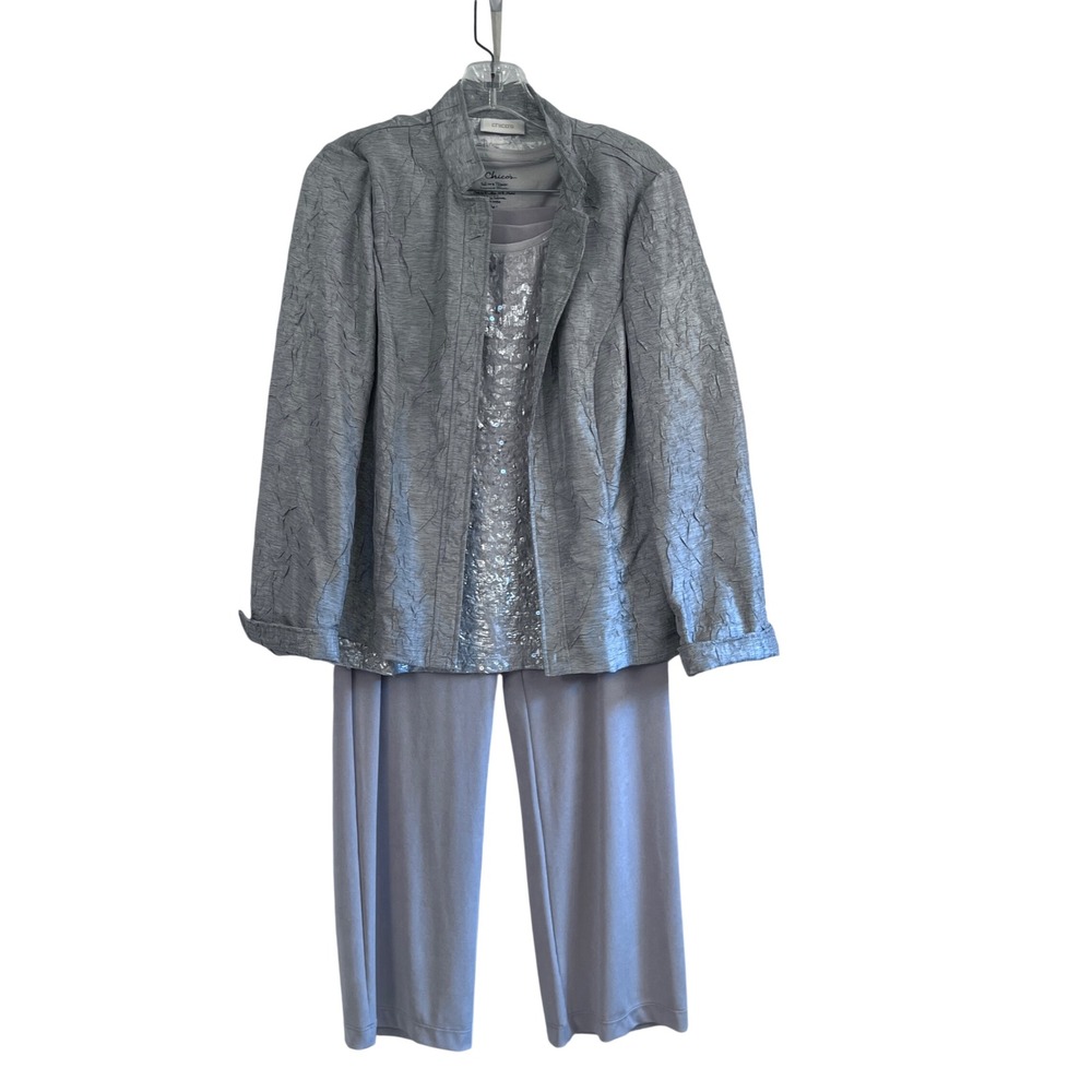 Chicos 3 Piece Set Silver Sequin Tank Textured Jacket Wide Leg Pants Size Medium